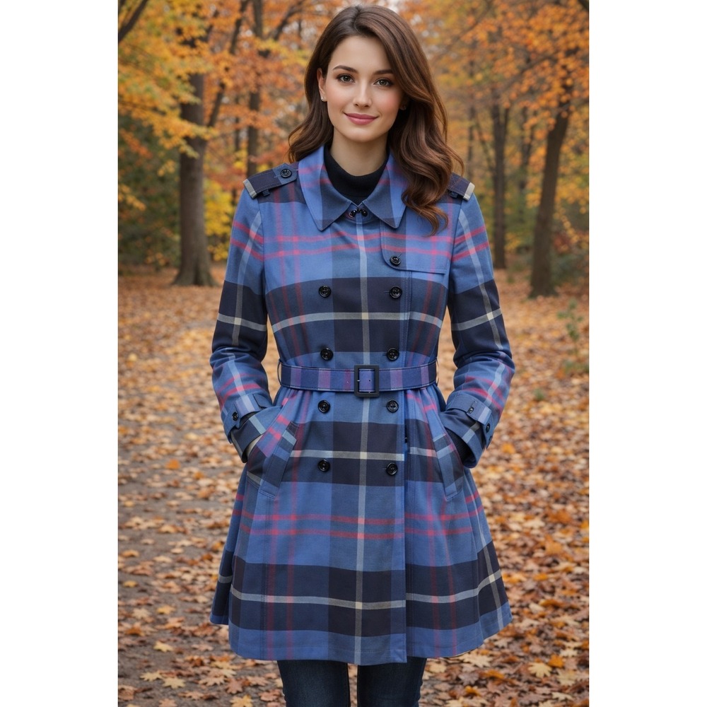 Vintage Jones New York Signature Blue Plaid Check Belted Trench Coat Size XL